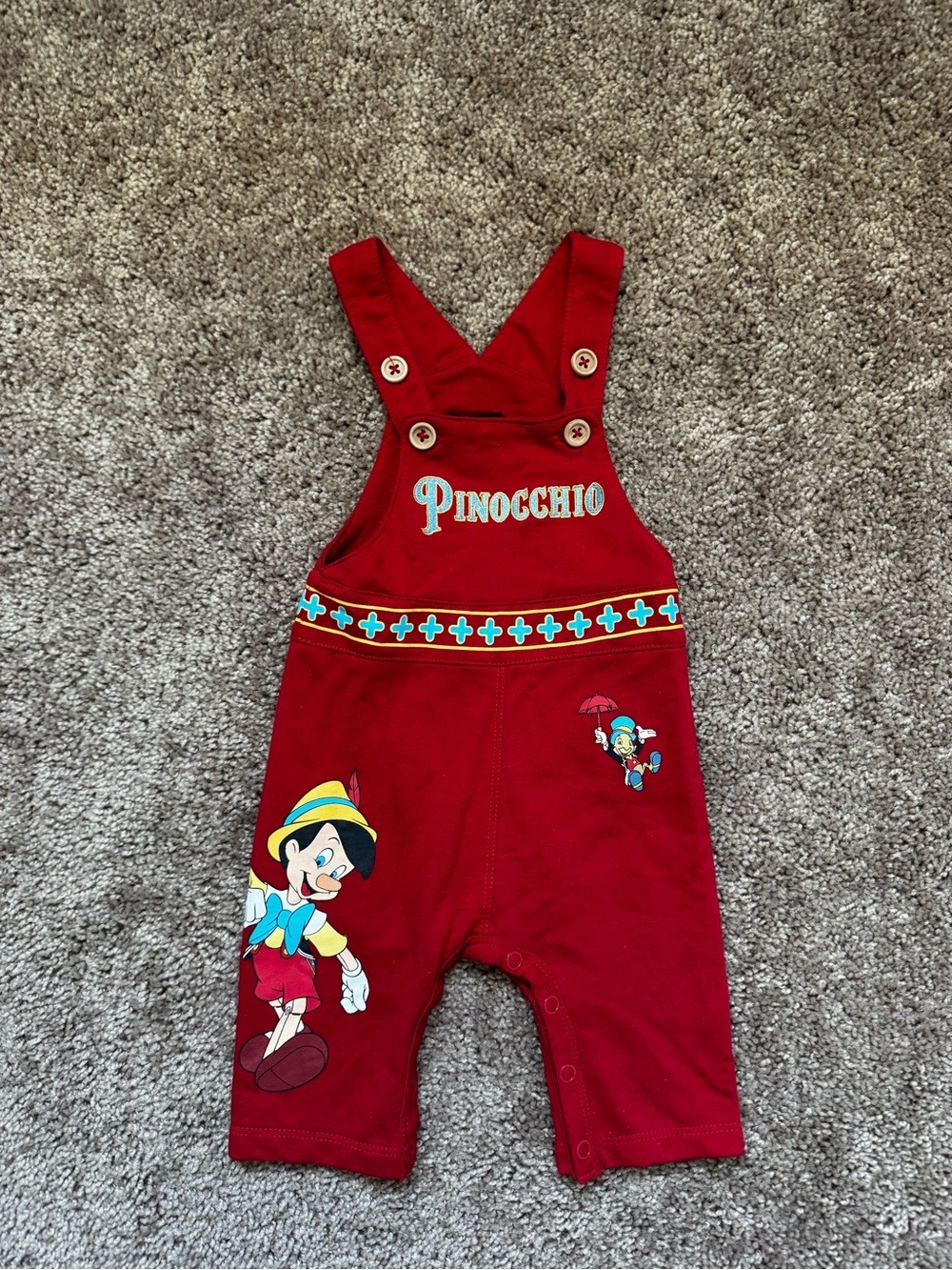 Disney Pinocchio & Jiminy Cricket Red BlueBaby Overalls Sz 6 mos Vacation Fall